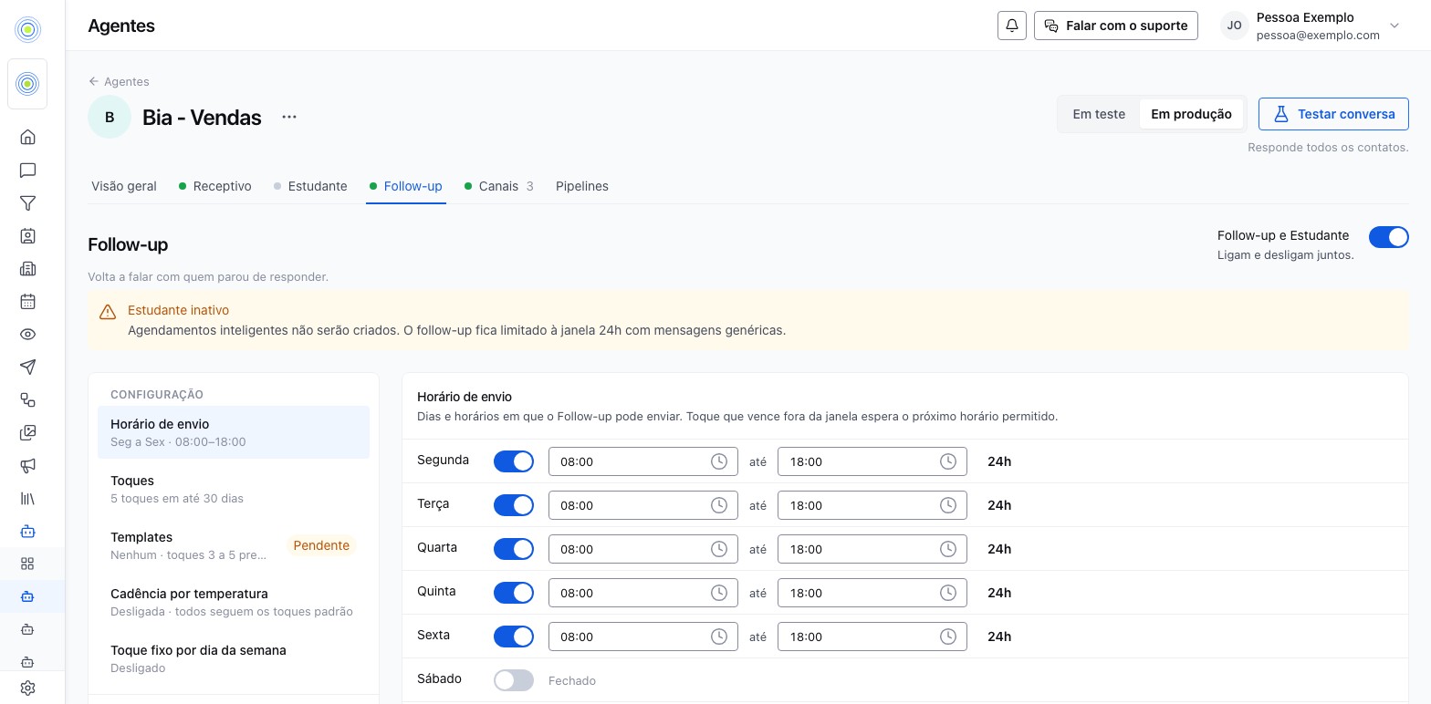 A aba Follow-up de um agente, com a lista de toques e as seções de configuração
