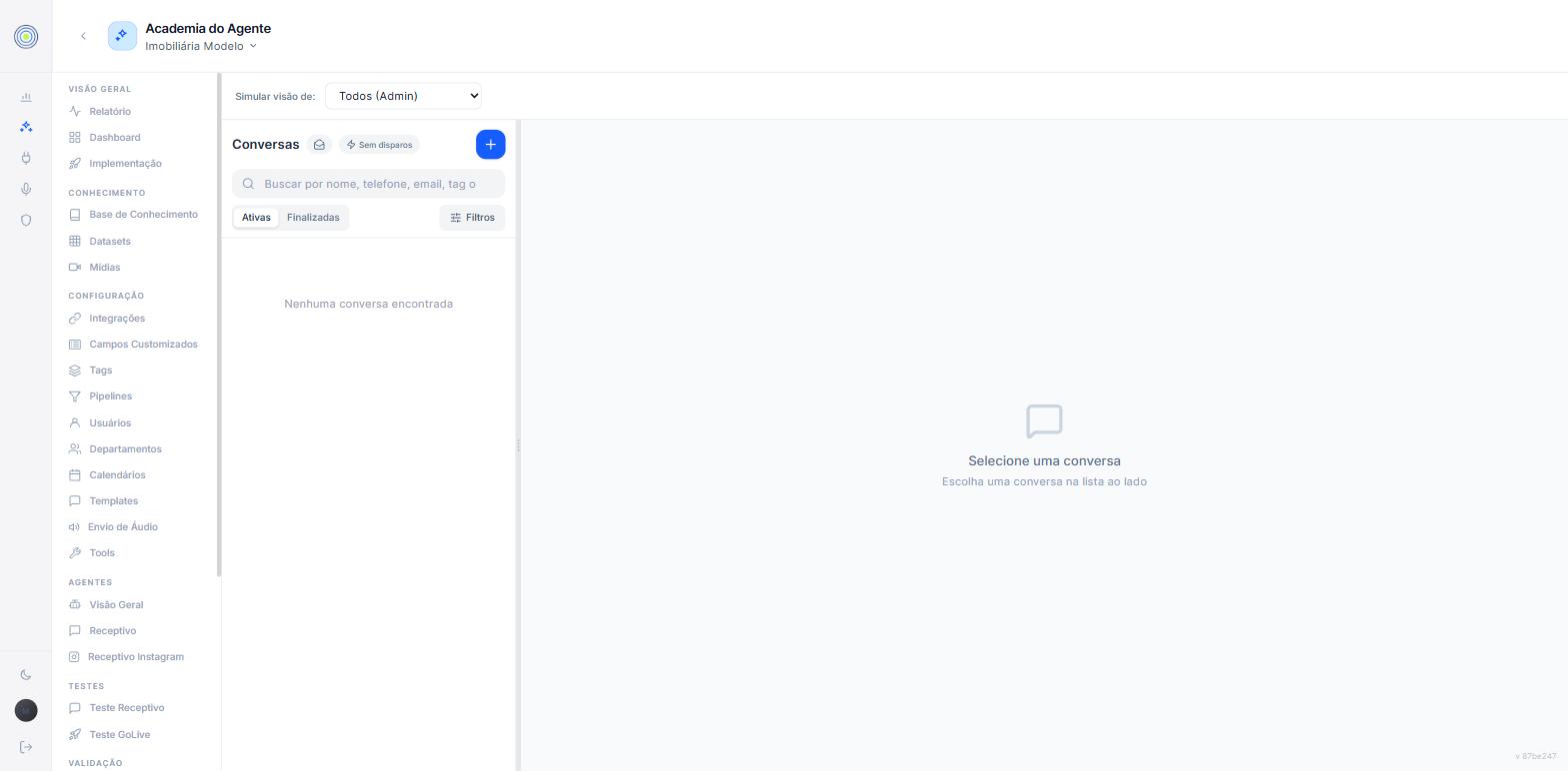 A tela de conversas vazia, com o seletor simular visão de todos admin, o painel de conversas sem disparos, a busca por nome, telefone, email ou tag, as abas ativas e finalizadas, e o painel de selecione uma conversa
