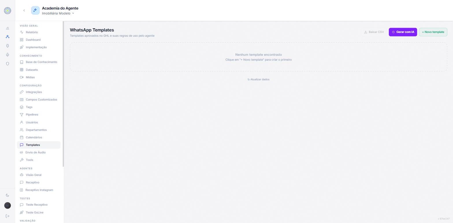 A tela de WhatsApp templates vazia, com o subtítulo templates aprovados no GHL e suas regras de uso pelo agente, e os botões baixar CSV, gerar com IA e novo template